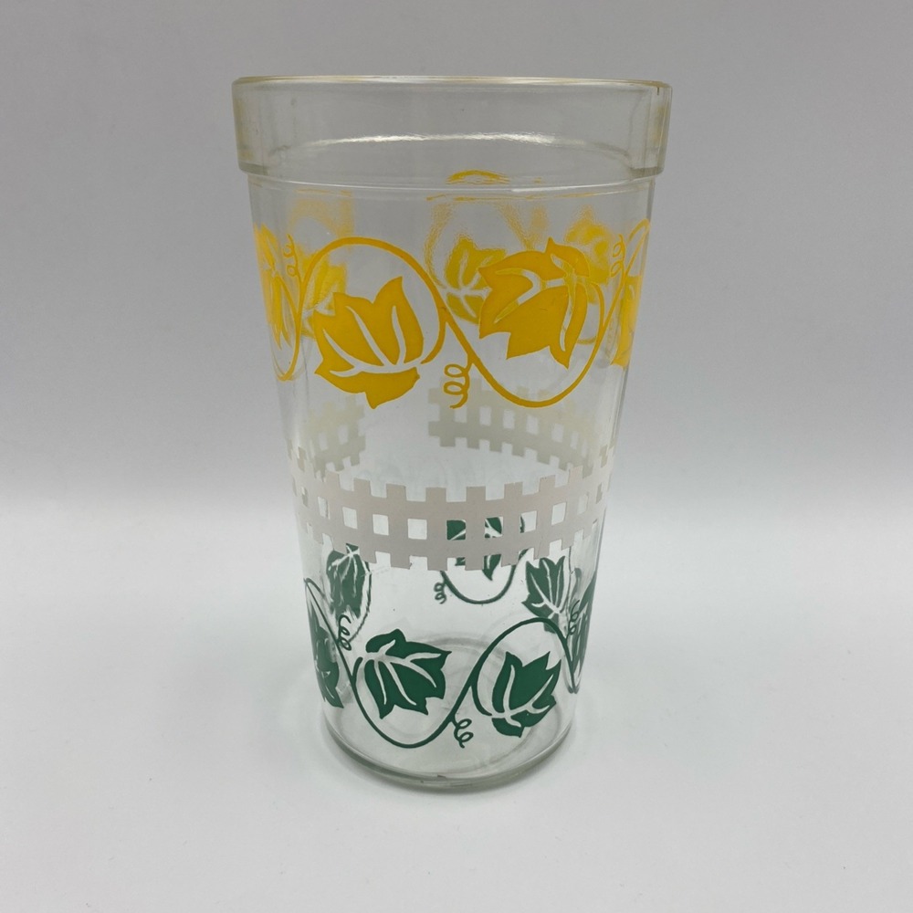 Vintage Swanky‎ Swig Yellow Green Vine Leaves Picket Fence Peanut Butter Glass